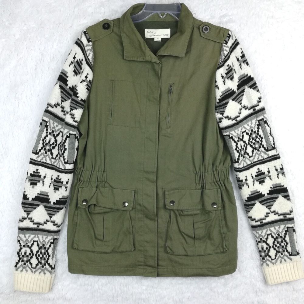 Vintage Havana Womens Field Jacket Military Army Green Sweater Geometric Cargo M